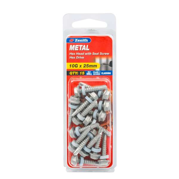 Zenith 10G x 25mm Galvanised Hex Head With Seal Metal Screws - 15 Pack