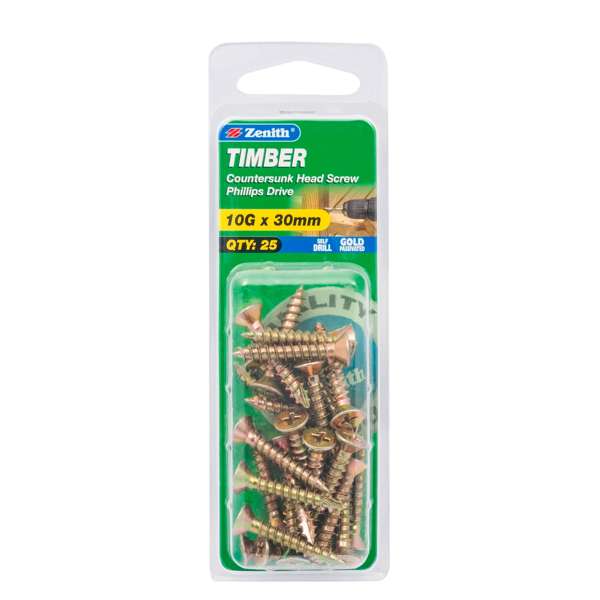 Zenith 10G x 30mm Gold Passivated Countersunk Head Timber Screws - 25 Pack