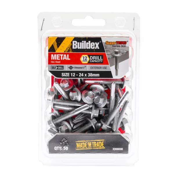 Buildex 12 - 24 x 38mm SuperTEKS Series 500 Hex Head Metal Screw - 50 Pack