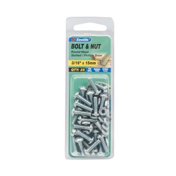 Zenith 3/16" x 15mm Zinc Plated Round Head Bolt And Nut - 25 Pack