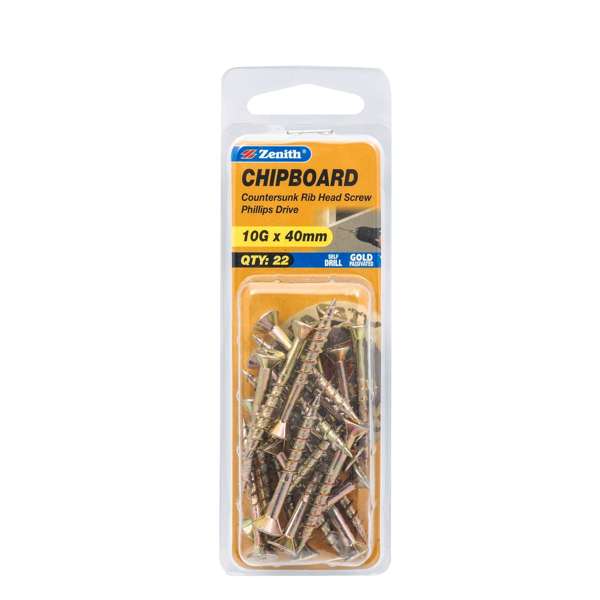 Zenith 10G x 40mm Countersunk Rib Head Chipboard Screws - 22 Pack