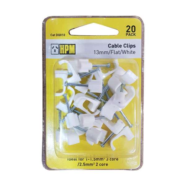 HPM Cable Clip Electrical Flat 13mm White - 20 Pack