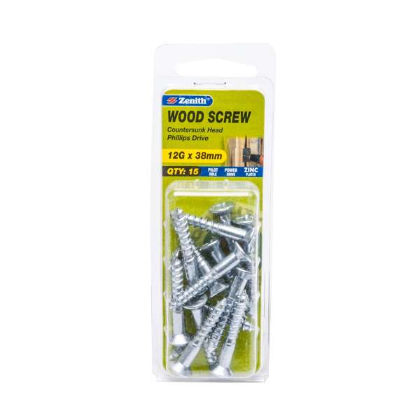 Zenith 12G x 38mm Zinc Plated Countersunk Head Wood Screws - 15 Pack