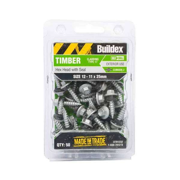 Buildex Cladding Screws T17 Hex Head with Seal 12 - 11 x 25mm - 50 Pack