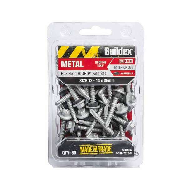 Buildex Metal Roofing Teks Hex Head Hi-Grip with Seal 12 - 14 x 35mm - 50 Pack