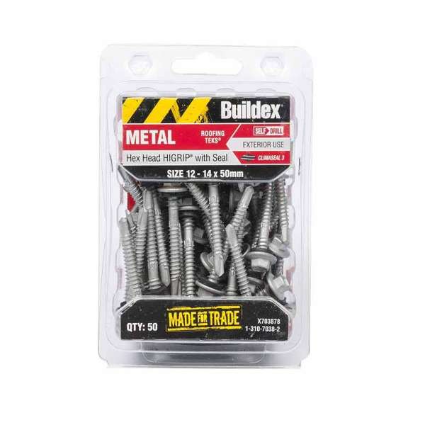 Buildex Metal Roofing Teks Hex Head Hi-Grip with Seal 12 - 14 x 50mm - 50 Pack