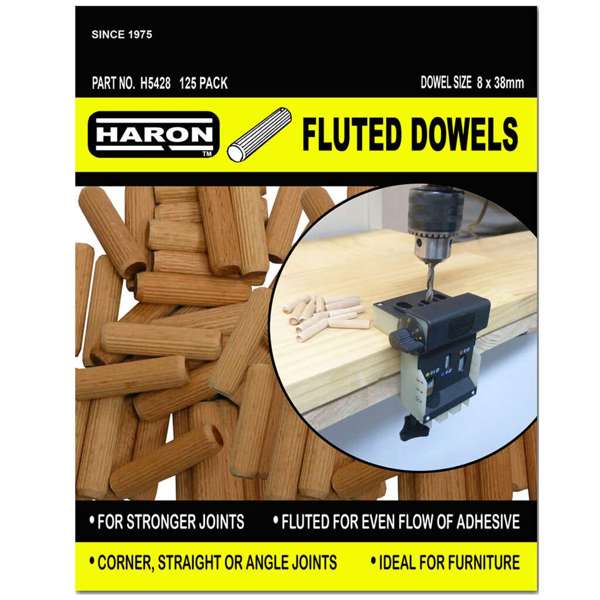 Haron Fluted Dowels 8 x 38mm ‚Äö√Ñ√Æ 125 Piece Pack