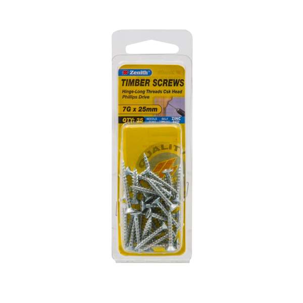 Zenith 7G x 25mm Zinc Plated Hinge-Long Thread Countersunk Head Timber Screws - 35 Pack