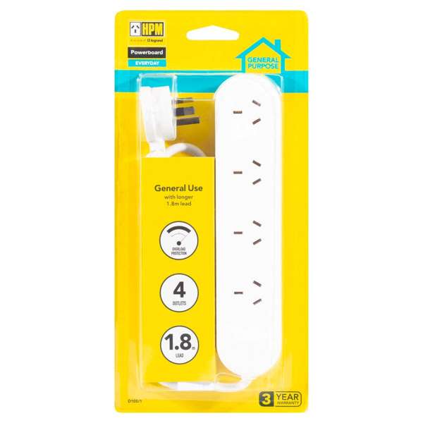 HPM General Purpose 4 Outlet Powerboard White