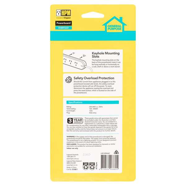 HPM General Purpose 4 Outlet Powerboard White