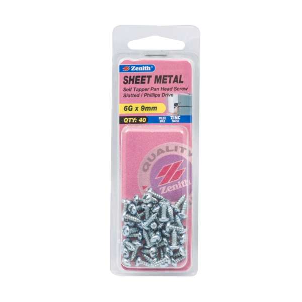 Zenith 6G x 9mm Zinc Plated Self Tapper Pan Head Sheet Metal Screws - 40 Pack