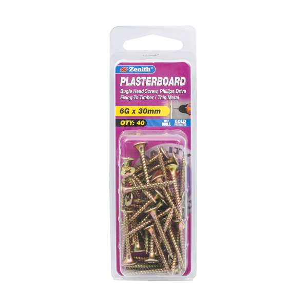 Zenith 6G - 18 x 30mm Needle Point Gold Passivated Plasterboard Screw - 40 Pack