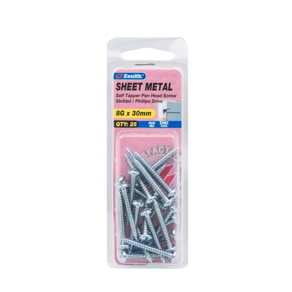 Zenith 8G x 30mm Zinc Plated Self Tapper Pan Head Screws - 25 Pack