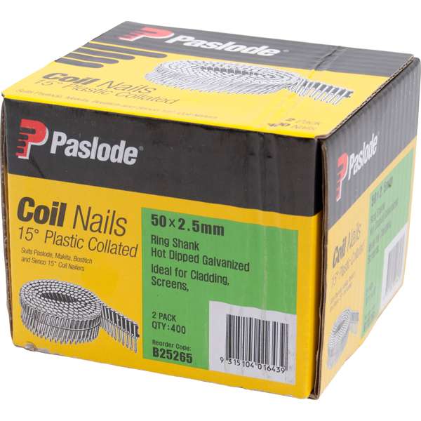 Paslode 50 x 2.5mm 15 Degree Hot Dip Galvanised Plastic Collated Coil Nail - 400 Pack