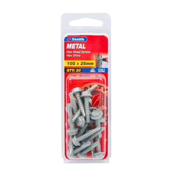 Zenith 10G x 25mm Galvanised Hex Head Metal Screws - 20 Pack