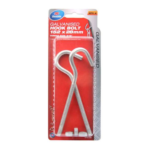 Zenith Hook Bolt Galvanised 152 x 28mm - 2 Pack