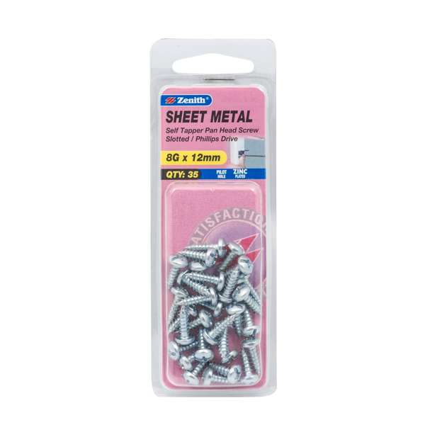 Zenith 8G x 12mm Zinc Plated Self Tapper Pan Head Sheet Metal Screws - 35 Pack