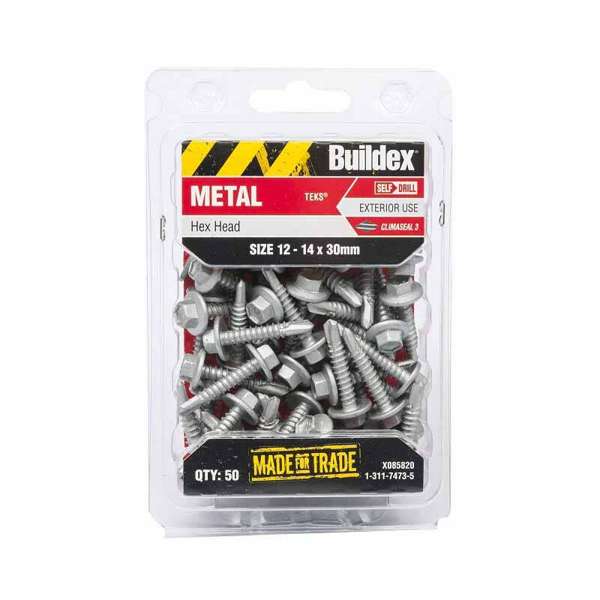 Buildex Metal Teks Hex Head With Seal 12 - 14 x 30mm - 50 Pack