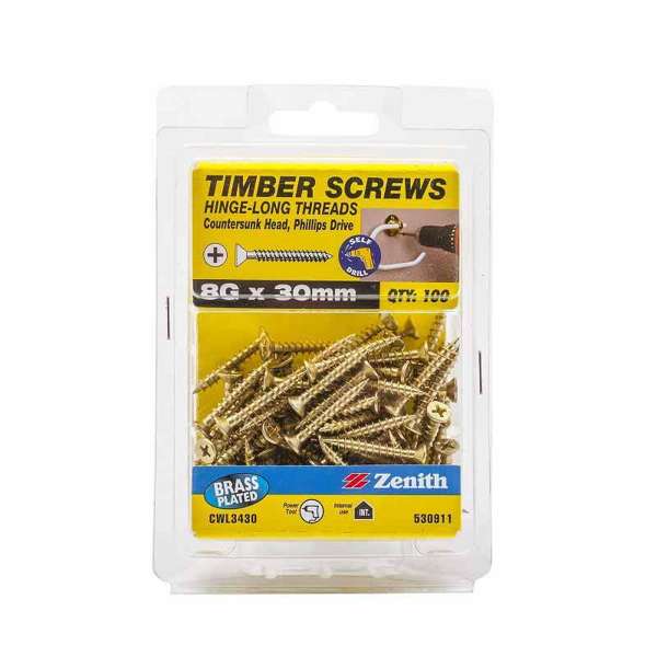 Zenith Timber Screws Countersunk Brass 8G x 30mm - 100 Pack