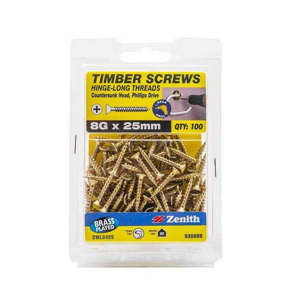 Zenith Timber Screws Countersunk Brass 8G x 25mm - 100 Pack