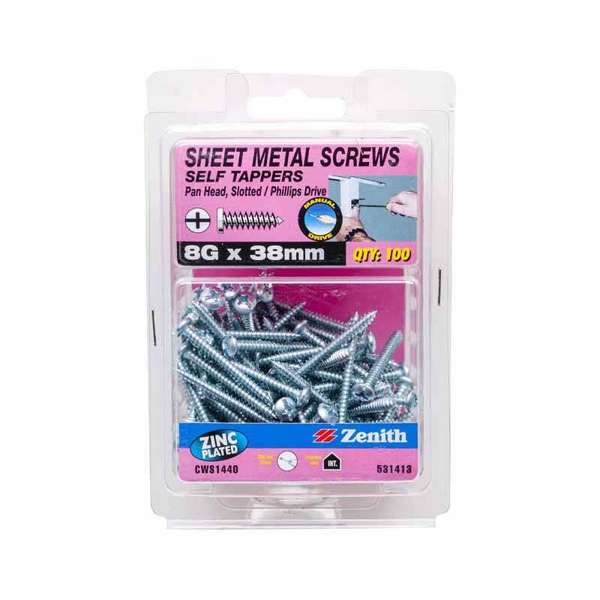 Zenith Self Tapping Screws Pan Head Zinc Plated 8G x 38mm - 100 Pack