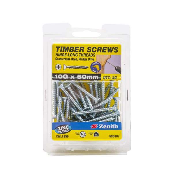 Zenith Timber Screws Long Thread Countersunk Zinc Plated 10G x 50mm - 50 Pack