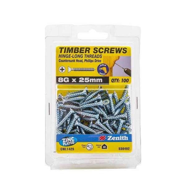 Zenith Timber Screws Countersunk Zinc Plated 8G x 25mm - 100 Pack