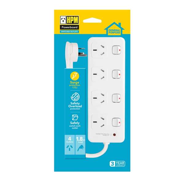 HPM General Purpose 4 Outlet Switched Surge Protected Powerboard White