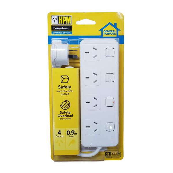 HPM General Purpose 4 Outlet Switched Powerboard White