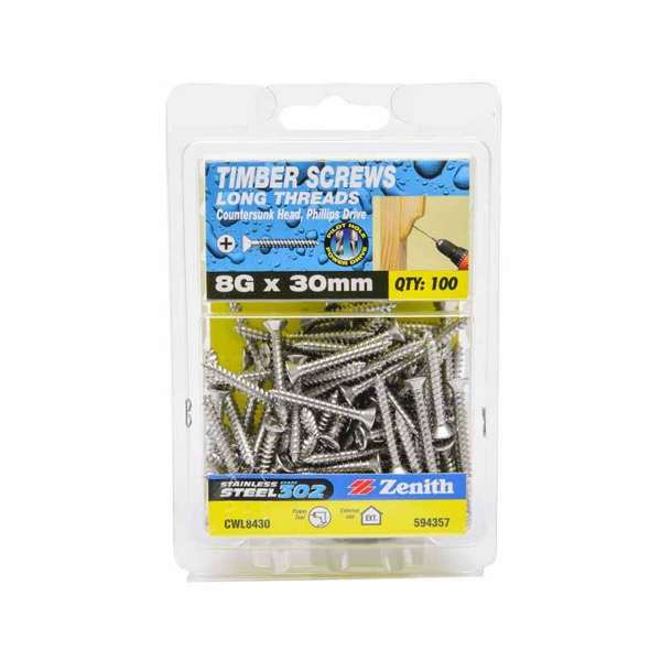 Zenith Timber Screws Countersunk Stainless Steel 8G x 30mm - 100 Pack