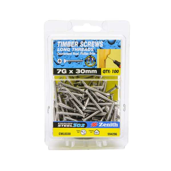 Zenith Timber Screws Countersunk Stainless Steel 7G x 30mm - 100 Pack