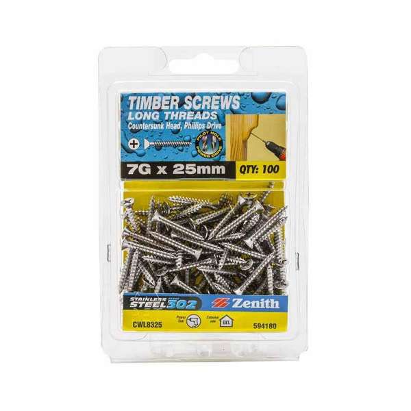 Zenith Timber Screws Countersunk Stainless Steel 7G x 25mm - 100 Pack