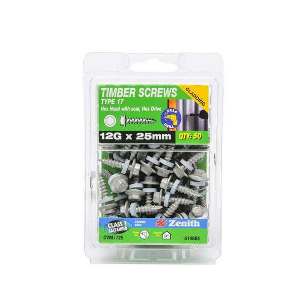 Zenith Timber Screws Hex with Seal Galvanised 12G x 25mm - 50 Pack