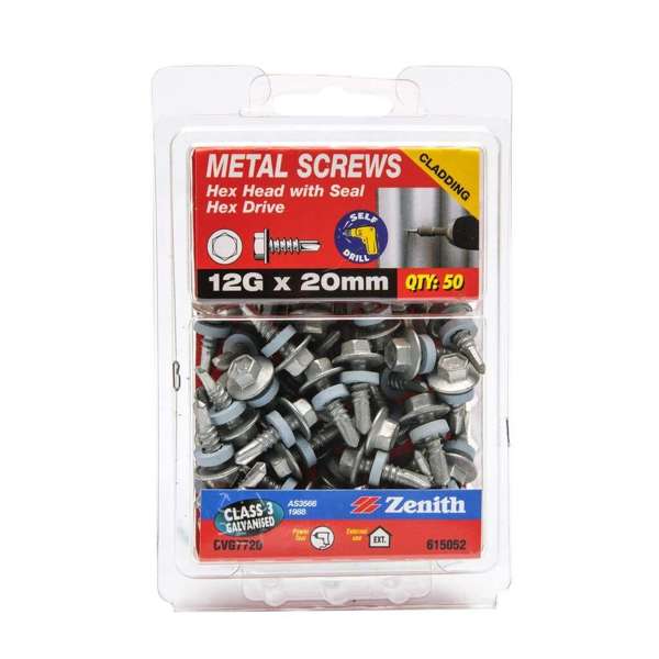 Zenith Metal Screws Hex Head with Seal Galvanised 12G x 20mm - 50 Pack