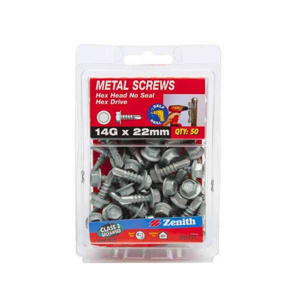 Zenith Metal Screws Hex Head Galvanised 14G x 22mm - 50 Pack