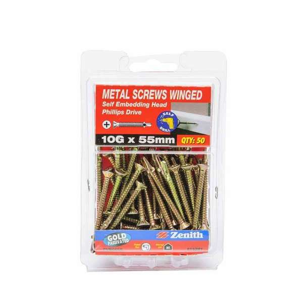 Zenith Metal Screws Countersunk with Wings Gold Passivated 10G x 55mm - 50 Pack