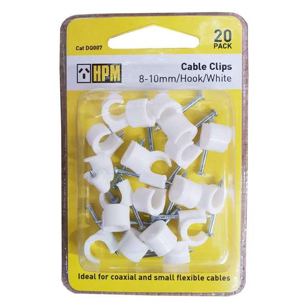 HPM Electrical Cable Clip Hook 8-10mm White - 20 Pack