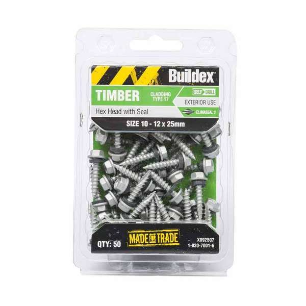 Buildex Cladding Screws T17 Hex Head with Seal 10 - 12 x 25mm - 50 Pack