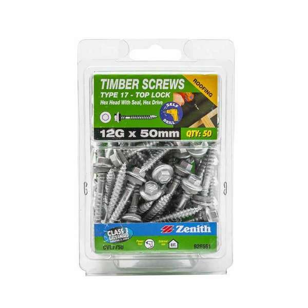 Zenith Timber Screws Hex Top Lock Galvanised 12G x 50mm - 50 Pack