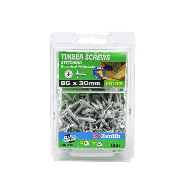 Zenith Timber Screws Button Galvanised 8G x 30mm - 100 Pack