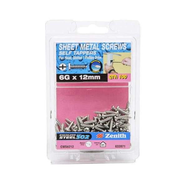 Zenith Self Tapping Screws Pan Head Stainless Steel 6G x 12mm - 100 Pack