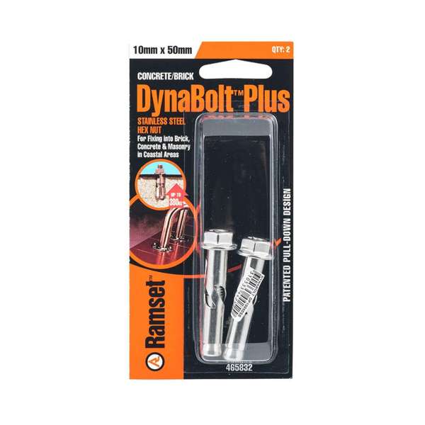 Ramset Dynabolt Plus Hex Head Stainless Steel 10 x 50mm - 2 Pack