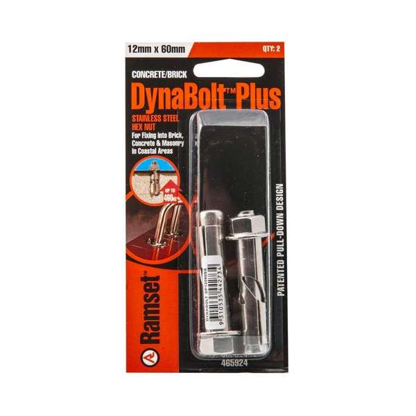 Dynabolt Plus Hex Heavy Duty Stainless Steel 12 x 60mm - 2 Pack