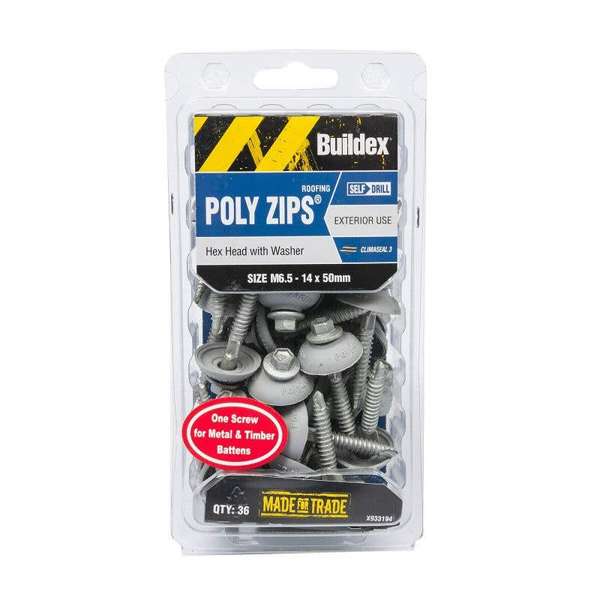 Buildex Roofing Poly Zips Hex Head with Washer M6.5 - 14 x 50mm - 36 Pack