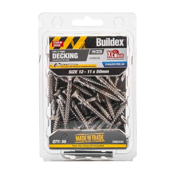 Buildex 12 - 11 x 50mm Stainless Steel Type 17 Decking Screws - 50 Pack