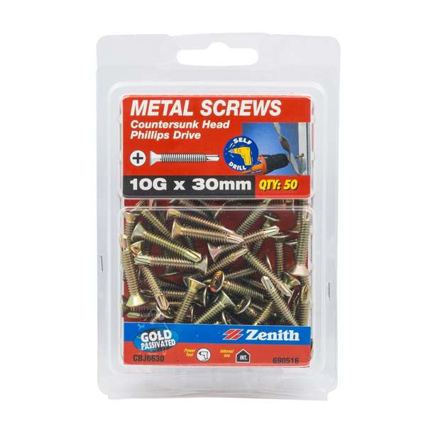 Zenith 10G x 30mm Gold Passivated Countersunk Head Metal Screws - 50 Pack