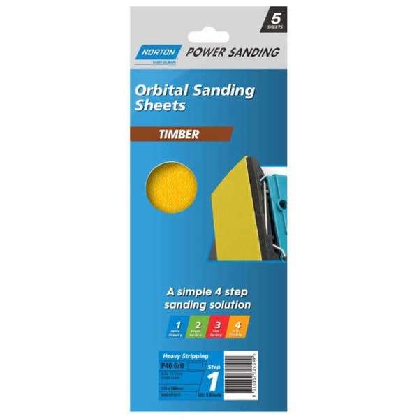 Norton Timber Orbital Sanding Sheet P40 Grit 115 x 280mm - 5 Pack