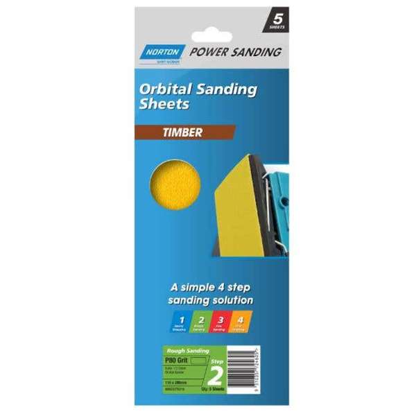 Norton Wood Orbital Sanding Sheet P80 Grit 115 x 280mm - 5 Pack