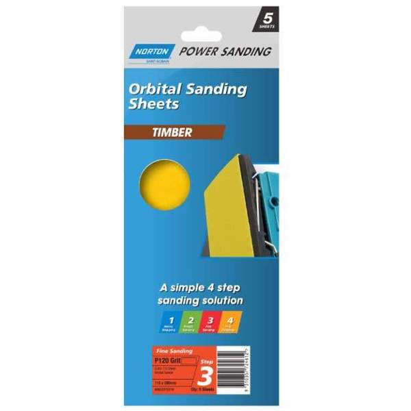 Norton Timber Orbital Sanding Sheet 115 x 280mm Step 3 P120 Grit - 5 Pack