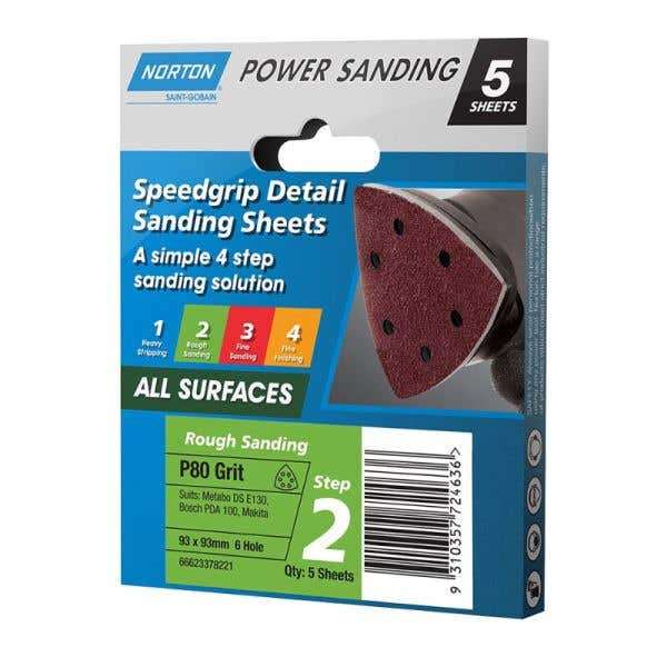 Norton Sanding Sheet 6H P80 Grit 93 x 93mm - 5 Pack